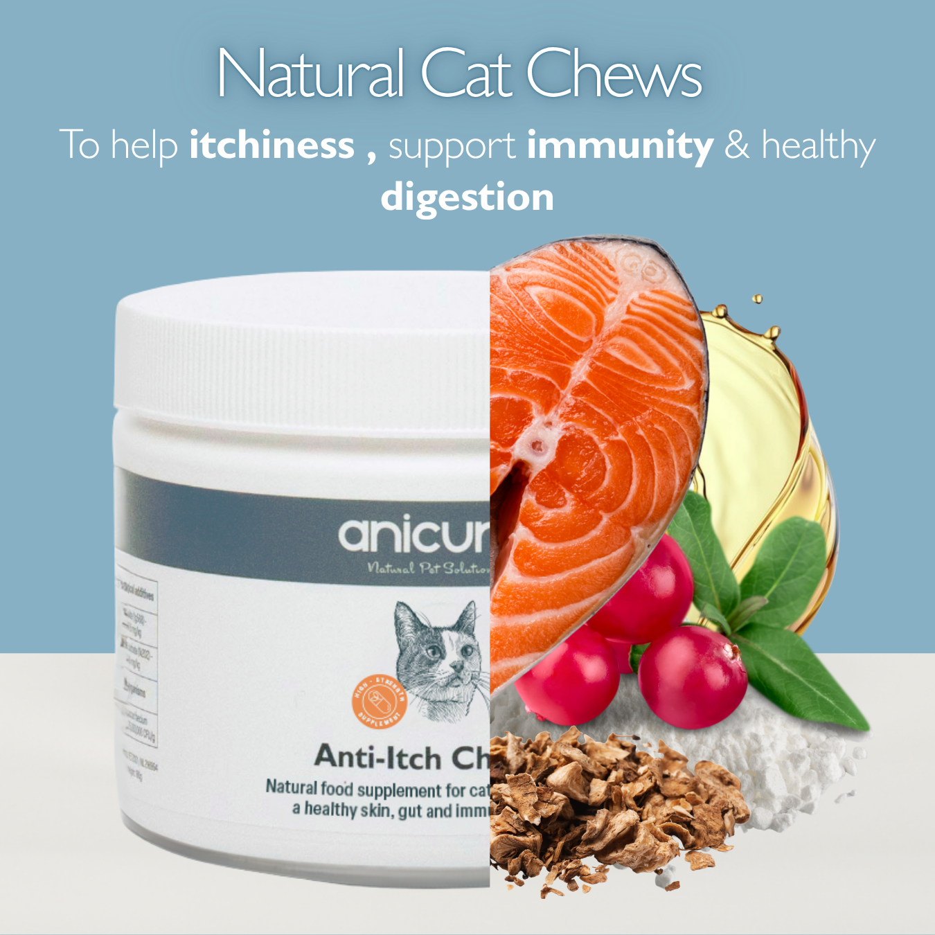 Anicur Natural Cat Chews container with ingredients on a light blue background